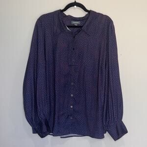 ModCloth Blouse Plus Size 3X Navy Blue Red Hearts AOP Long Sleeve Silky Button